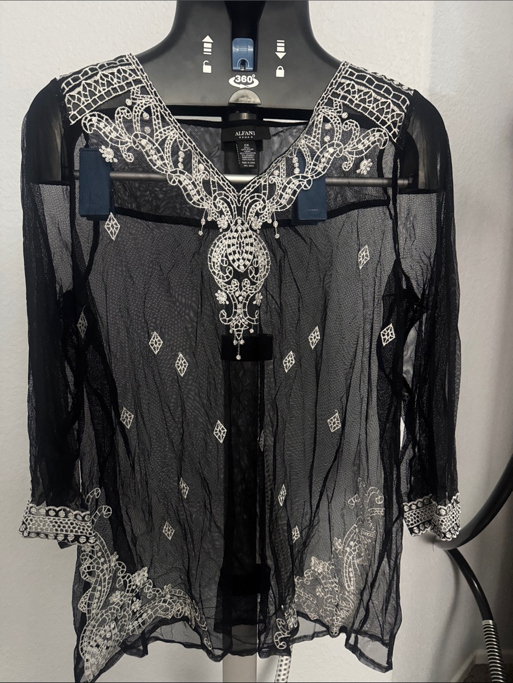 Alfani Black Sheer Tunic with White Embroidered Detail